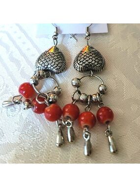 Fashion Silver-Toned  Fish and Bead Earrings